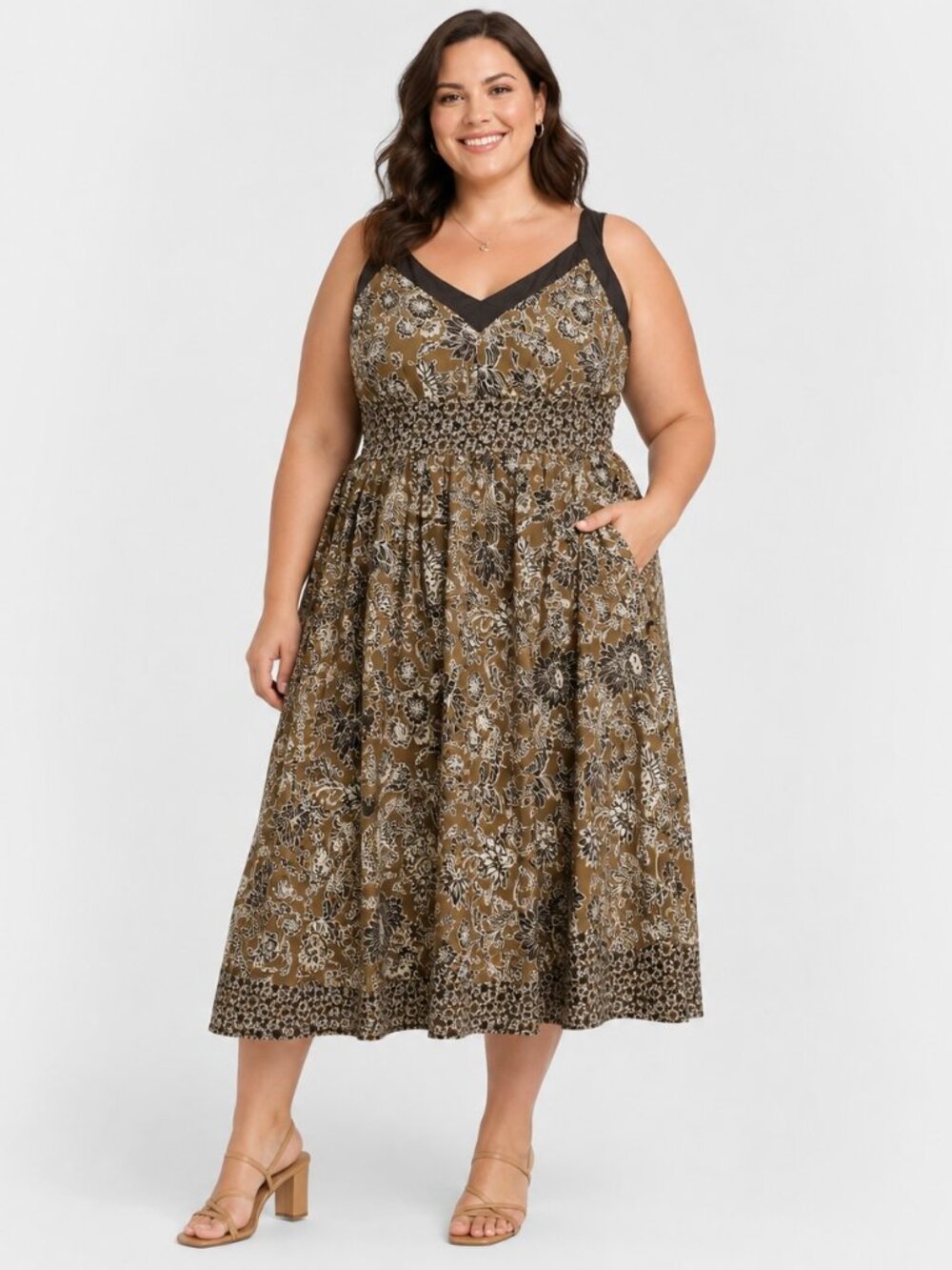 Signature Robbie Bee Midi Dress 18W Brown Floral Sequin Empire Waist Sleeveless